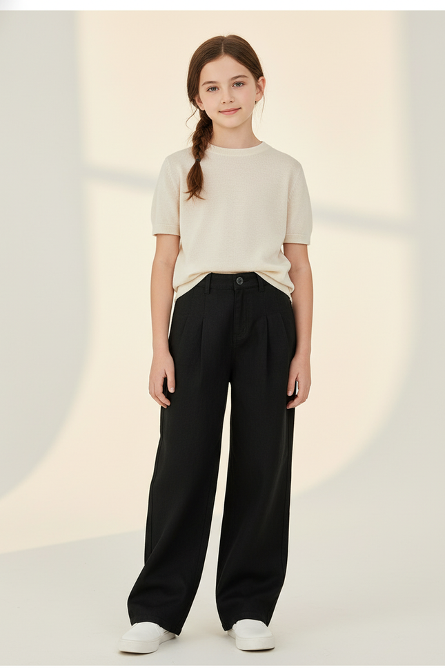 Pantalon Baggy Noir Ample Plissé Décontracté Enfant - Gabardine