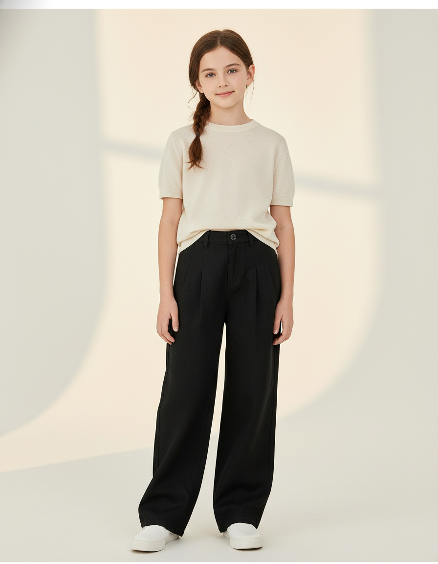 Pantalon Baggy Noir Ample Plissé Décontracté Enfant - Gabardine
