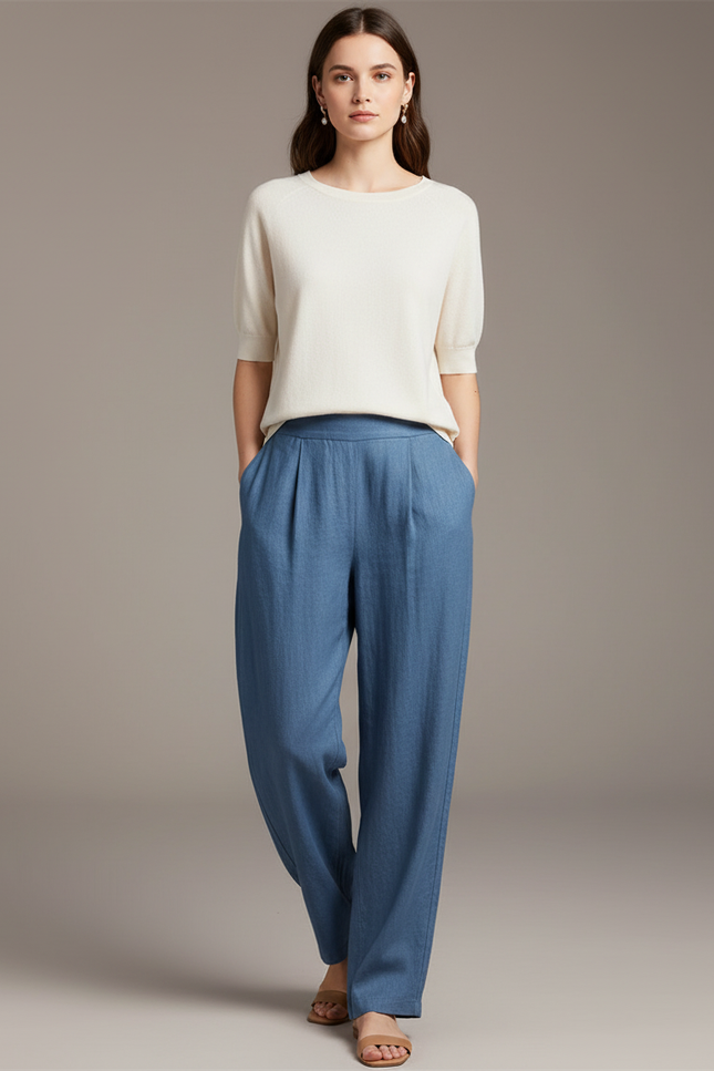 Pantalon Baggy Bleu Fluide Plissé Taille Haute Femme - Lin