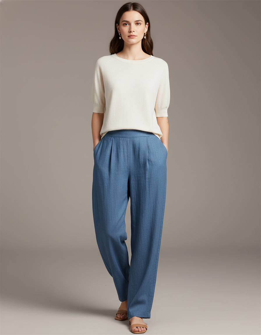 Pantalon Baggy Bleu Fluide Plissé Taille Haute Femme - Lin