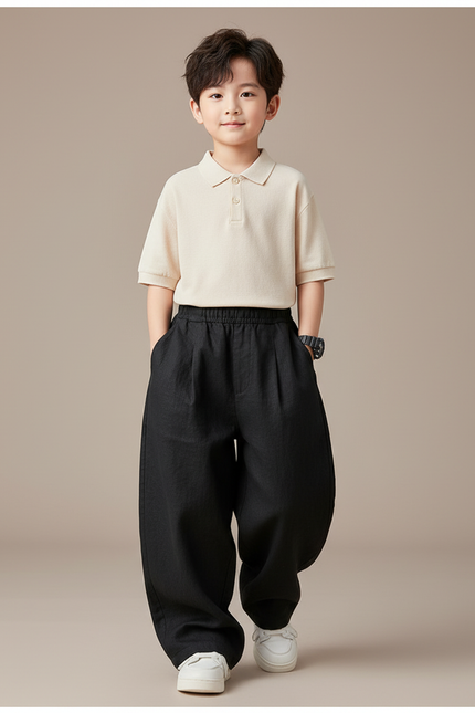 Pantalon Baggy Noir Coton Ample Décontracté Enfant - Lin