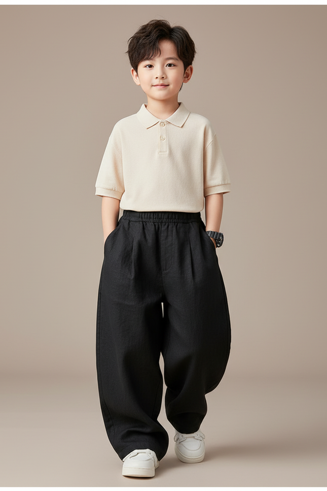 Pantalon Baggy Noir Coton Ample Décontracté Enfant - Lin