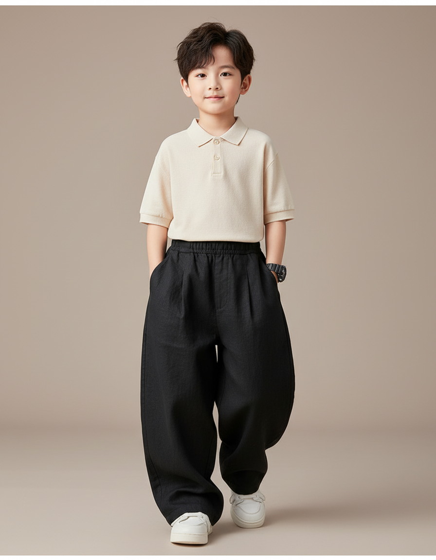 Pantalon Baggy Noir Coton Ample Décontracté Enfant - Lin