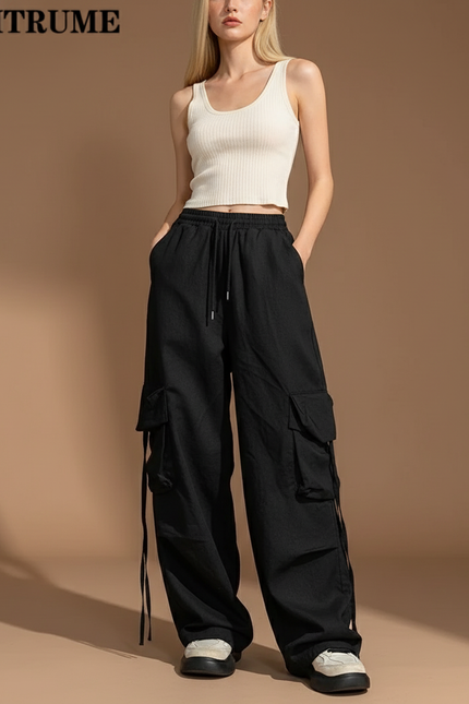 Pantalon Baggy Noir Cargo Ample Décontracté Cordon - Toile