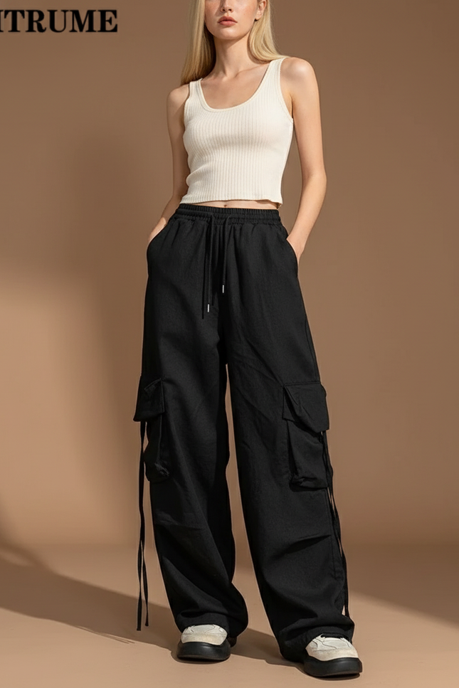 Pantalon Baggy Noir Cargo Ample Décontracté Cordon - Toile