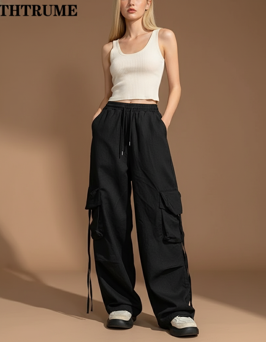 Pantalon Baggy Noir Cargo Ample Décontracté Cordon - Toile