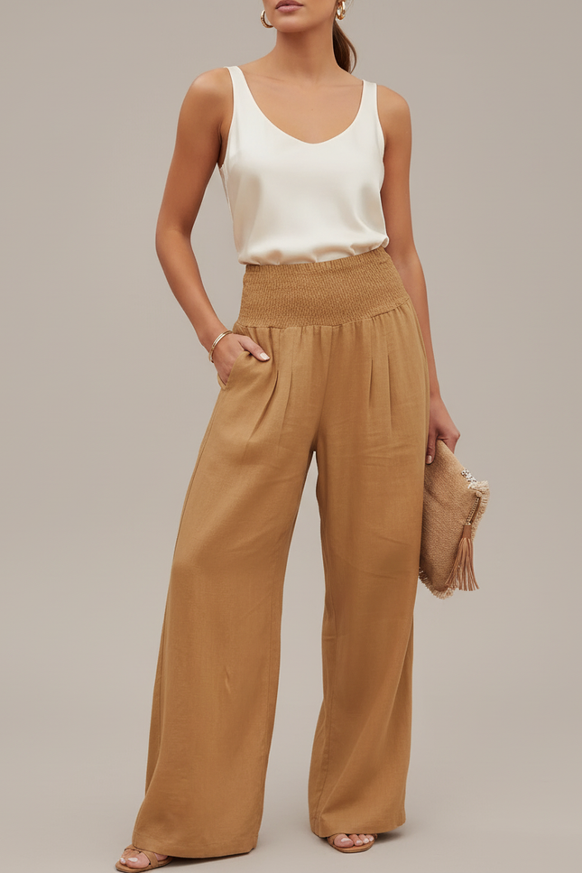 Pantalon Baggy Marron Ample Fluide Smocké Lin - Camel