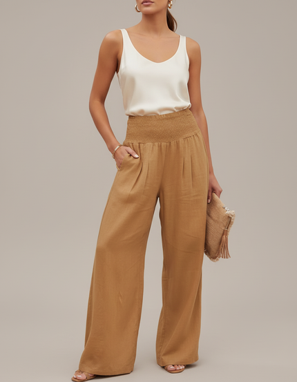 Pantalon Baggy Marron Ample Fluide Smocké Lin - Camel
