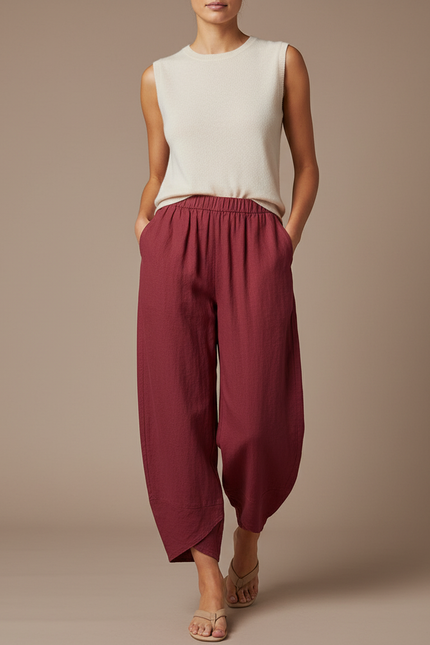 Pantalon Baggy Rouge Lin Ample Décontracté Femme - Bordeaux
