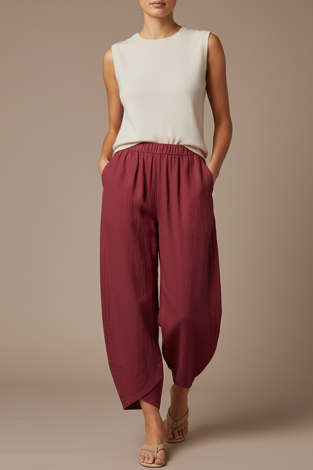 Pantalon Baggy Rouge Lin Ample Décontracté Femme - Bordeaux