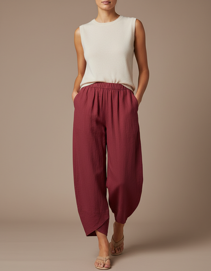 Pantalon Baggy Rouge Lin Ample Décontracté Femme - Bordeaux