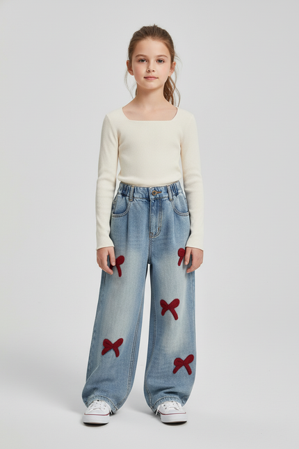 Pantalon Baggy Jean Denim Ample Nœuds Rouges Fille - Bleu