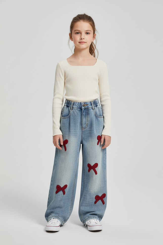 Pantalon Baggy Jean Denim Ample Nœuds Rouges Fille - Bleu
