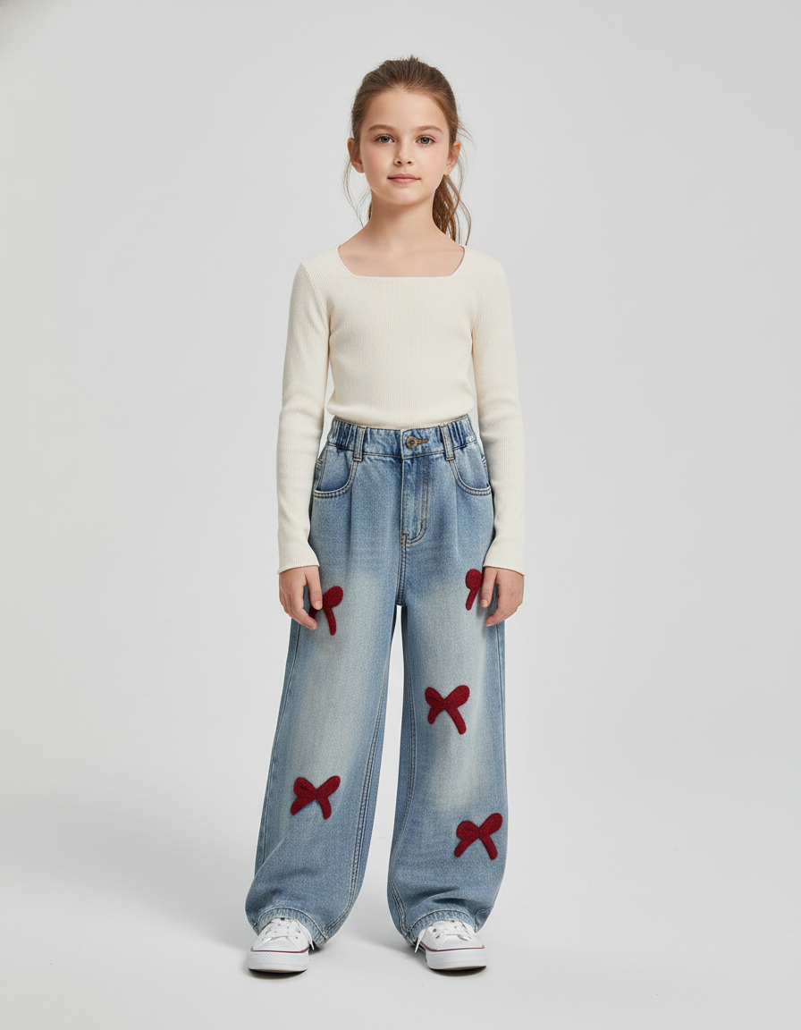 Pantalon Baggy Jean Denim Ample Nœuds Rouges Fille - Bleu