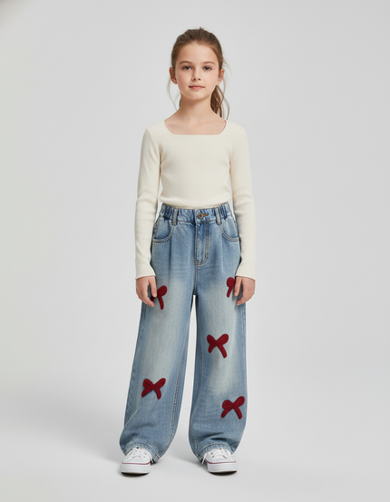 Pantalon Baggy Jean Denim Ample Nœuds Rouges Fille - Bleu