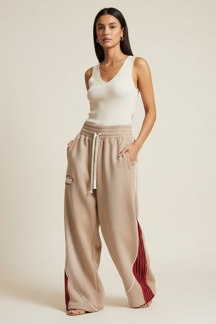 Pantalon Baggy Beige Rayures Rouges Ample Sport - Molleton