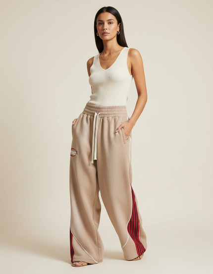 Pantalon Baggy Beige Rayures Rouges Ample Sport - Molleton