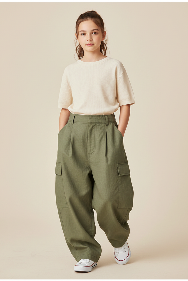 Pantalon Baggy Vert Olive Ample Cargo Plissé Enfant - Kaki Gabardine