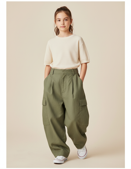 Pantalon Baggy Vert Olive Ample Cargo Plissé Enfant - Kaki Gabardine
