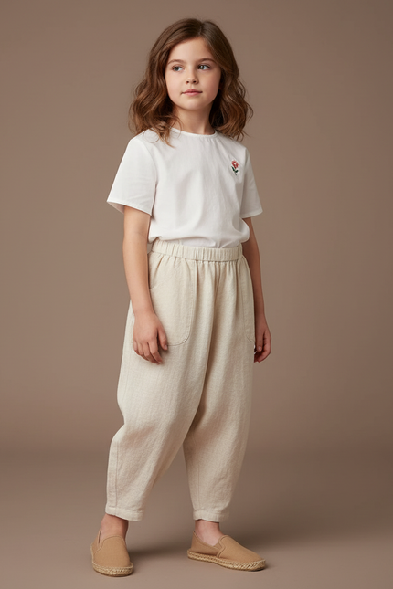 Pantalon Baggy Beige Lin Ample Confortable Enfant