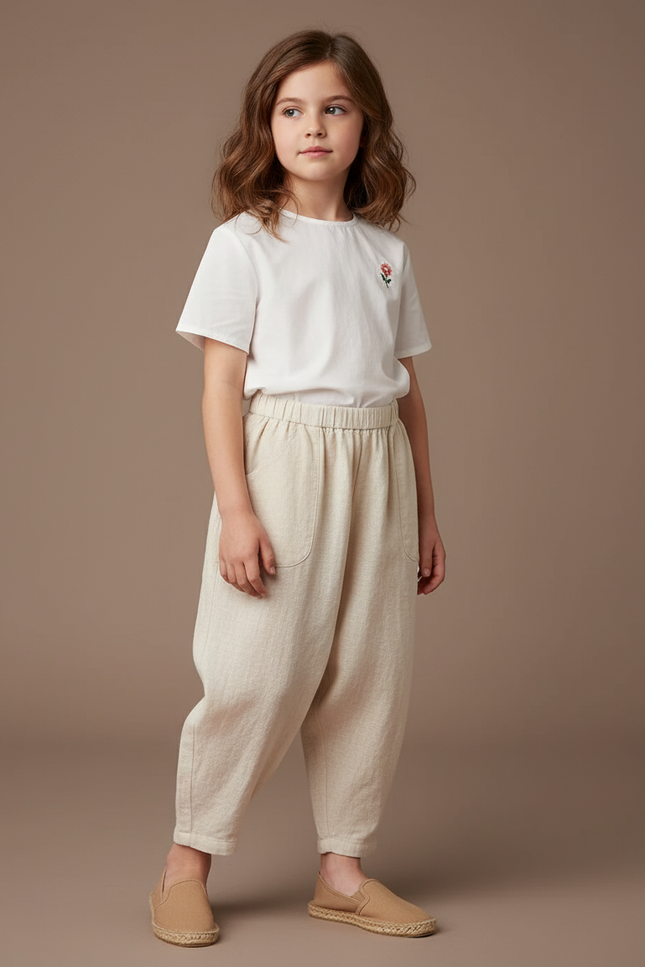 Pantalon Baggy Beige Lin Ample Confortable Enfant