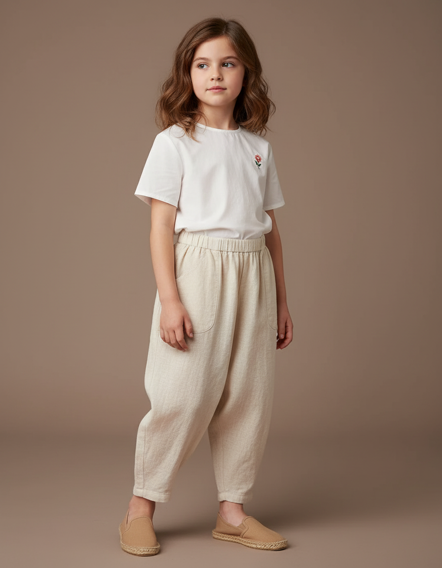 Pantalon Baggy Beige Lin Ample Confortable Enfant