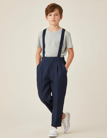 Pantalon Baggy Marine Bretelles Rayures Décontracté Garçon - Gabardine