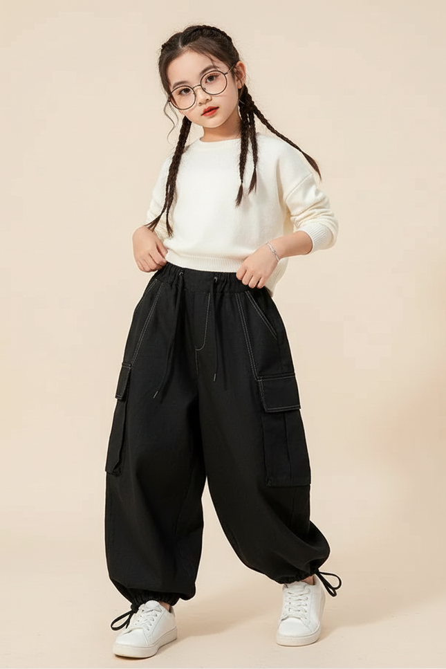 Pantalon Baggy Noir Cargo Ample Cordon Fille - Toile
