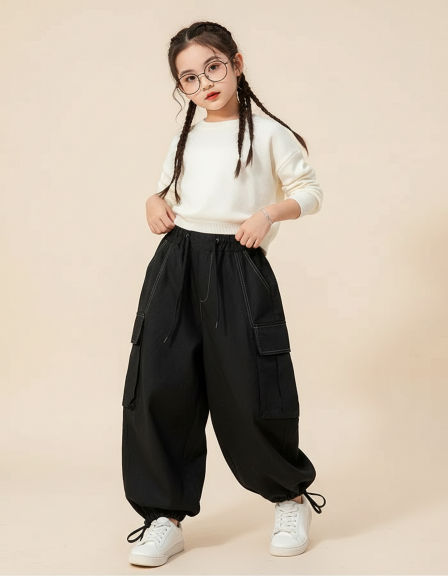 Pantalon Baggy Noir Cargo Ample Cordon Fille - Toile