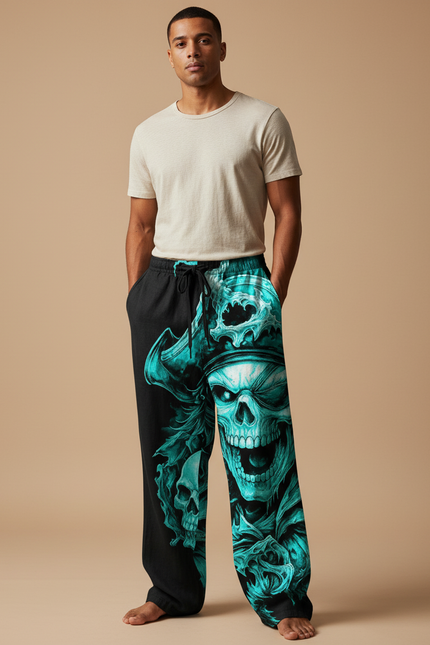 Pantalon Baggy Noir Crâne Pirate Turquoise Ample Homme - Coton