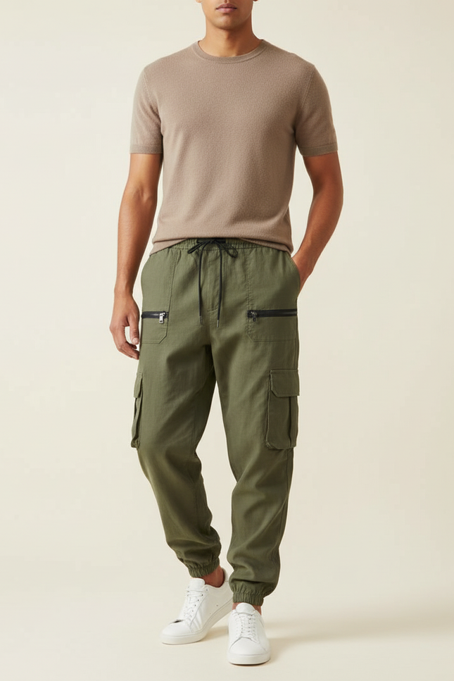 Pantalon Baggy Kaki Cargo Cordon Zippé Homme - Toile