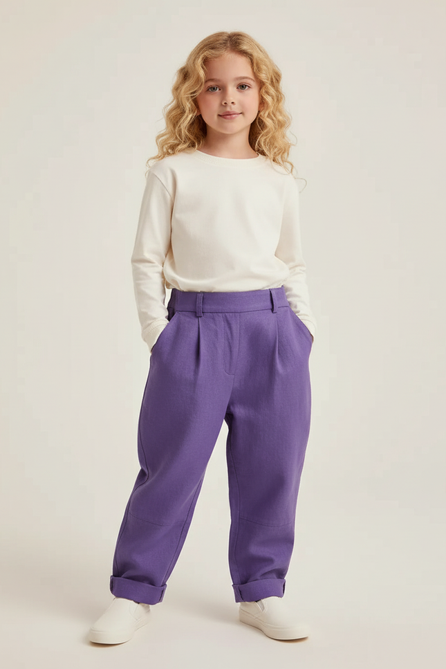 Pantalon Baggy Violet Ample Plissé Décontracté Enfant - Coton
