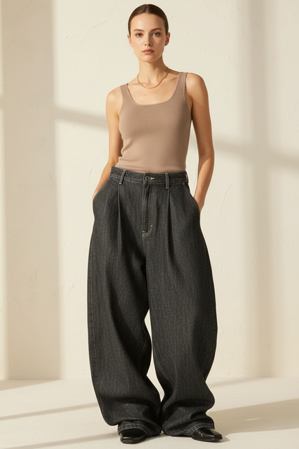 Pantalon Baggy Noir Ample Plissé Taille Haute Femme - Jean