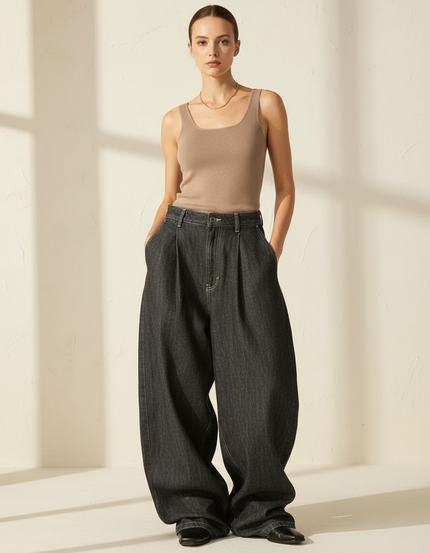Pantalon Baggy Noir Ample Plissé Taille Haute Femme - Jean