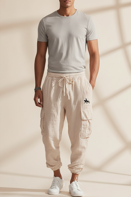 Pantalon Baggy Beige Lin Cargo Ample Cordon Homme