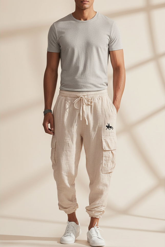 Pantalon Baggy Beige Lin Cargo Ample Cordon Homme
