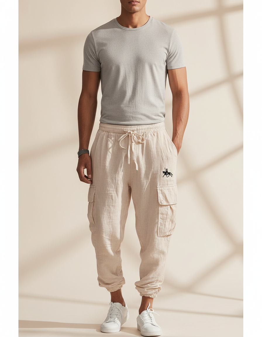 Pantalon Baggy Beige Lin Cargo Ample Cordon Homme