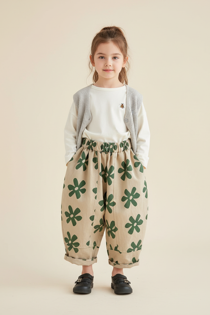 Pantalon Baggy Beige Fleuri Coton Ample Décontracté Enfant - Toile