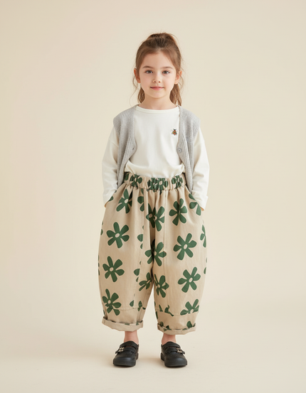 Pantalon Baggy Beige Fleuri Coton Ample Décontracté Enfant - Toile