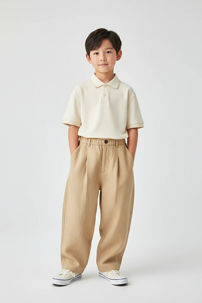 Pantalon Baggy Beige Lin Plissé Enfant Décontracté
