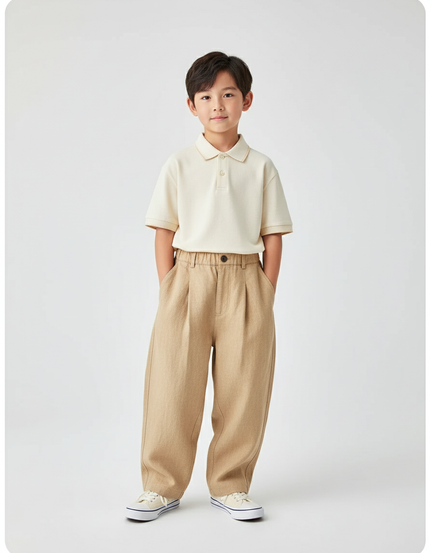 Pantalon Baggy Beige Lin Plissé Enfant Décontracté