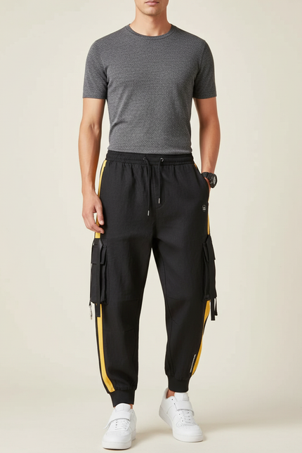 Pantalon Baggy Noir Cargo Bandes Jaunes Cordon Homme - Polyester