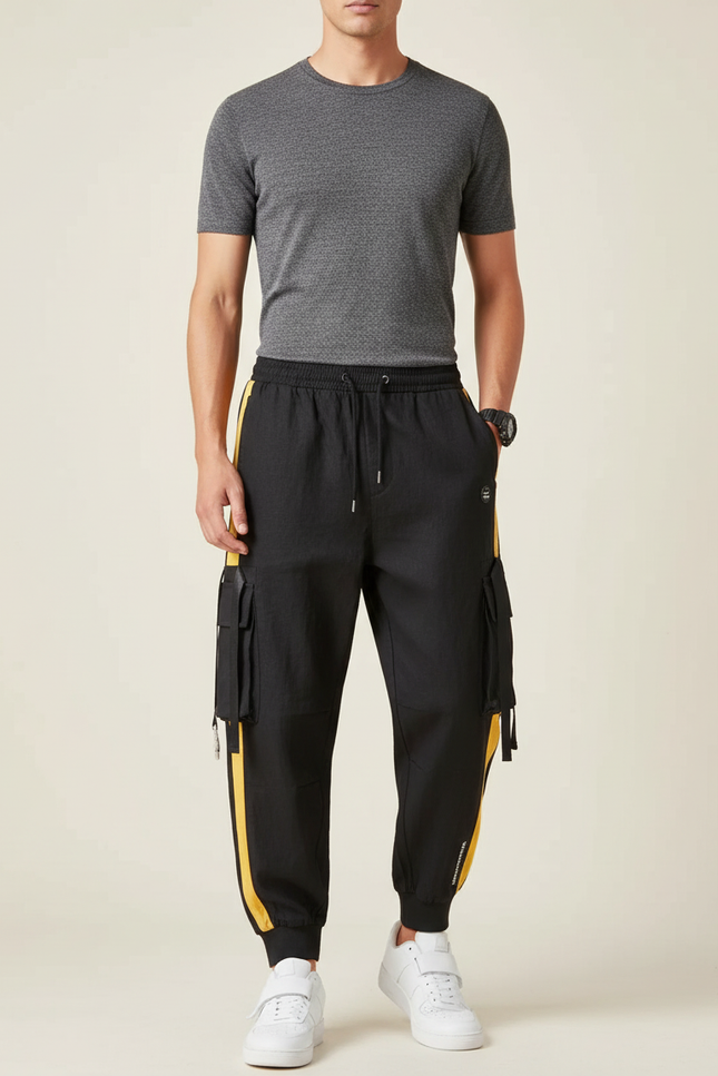 Pantalon Baggy Noir Cargo Bandes Jaunes Cordon Homme - Polyester