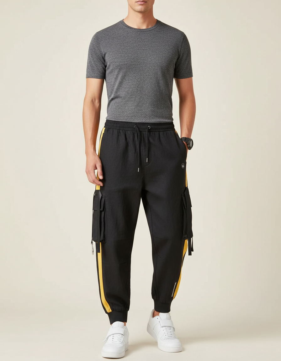 Pantalon Baggy Noir Cargo Bandes Jaunes Cordon Homme - Polyester