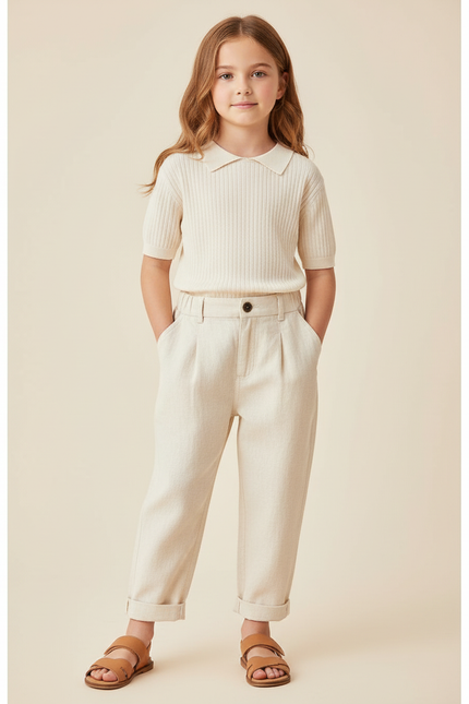 Pantalon Baggy Crème Coton Décontracté Enfant Pince - Beige