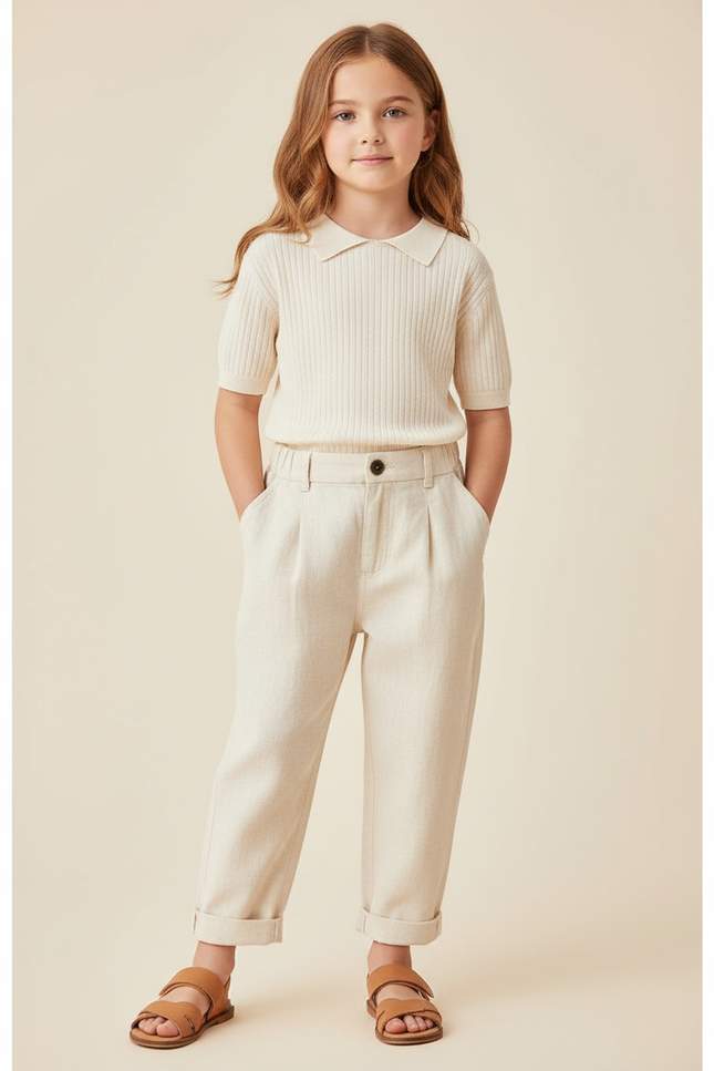 Pantalon Baggy Crème Coton Décontracté Enfant Pince - Beige