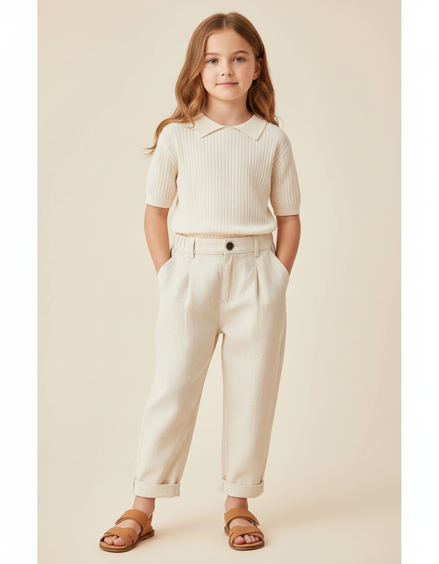 Pantalon Baggy Crème Coton Décontracté Enfant Pince - Beige