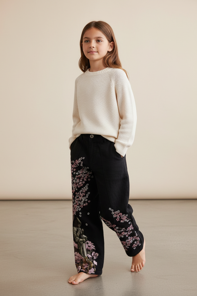 Pantalon Baggy Noir Brodé Floral Ample Décontracté - Coton