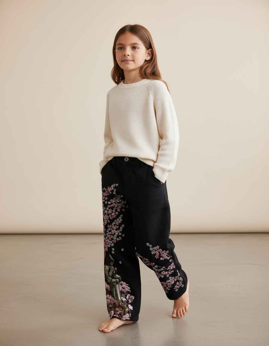 Pantalon Baggy Noir Brodé Floral Ample Décontracté - Coton