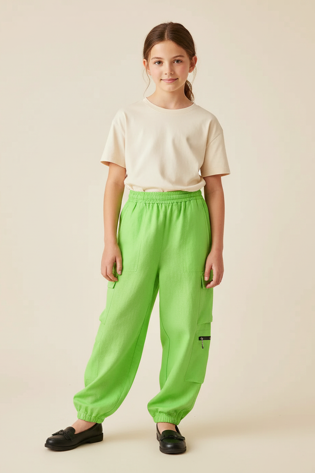 Pantalon Baggy Vert Citron Ample Cargo Enfant - Lin